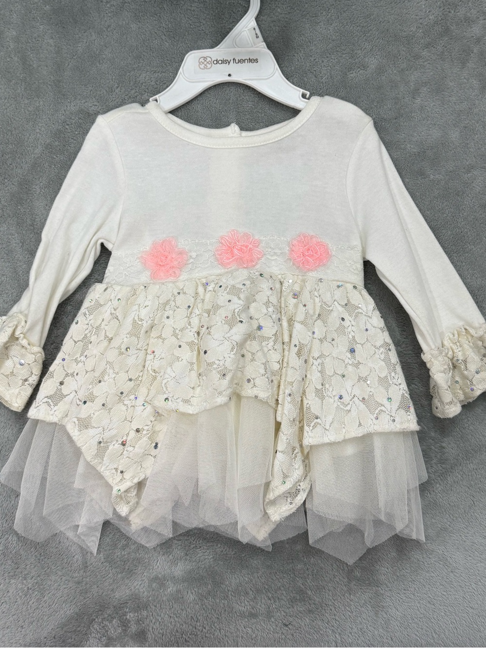 Little Lass Cream Lace & Tulle Long-Sleeve Top with Pink Flower Appliqués